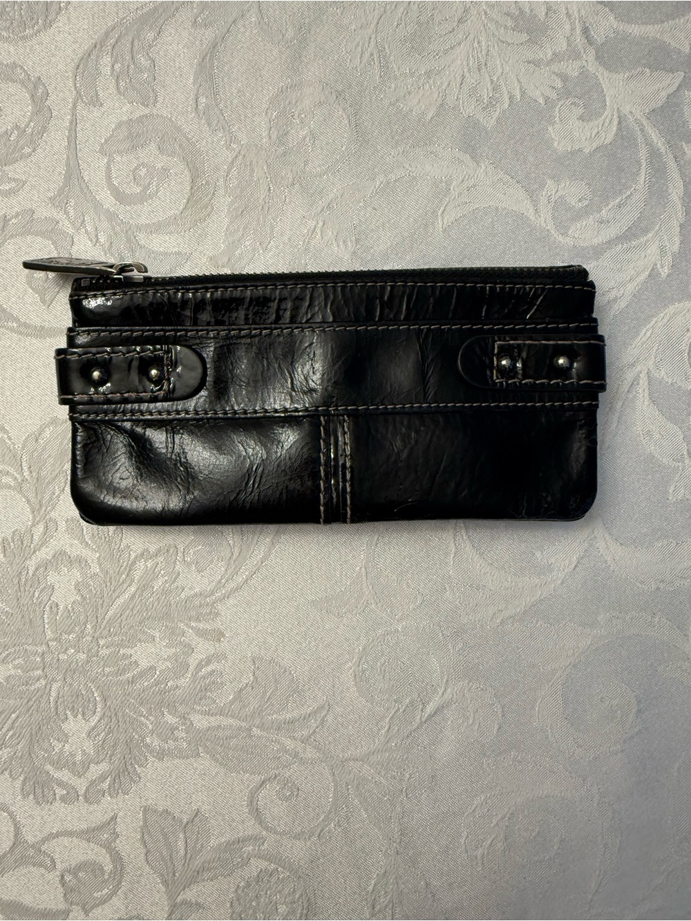 Fossil Black Leather Zip Card Wallet with Stud Accent